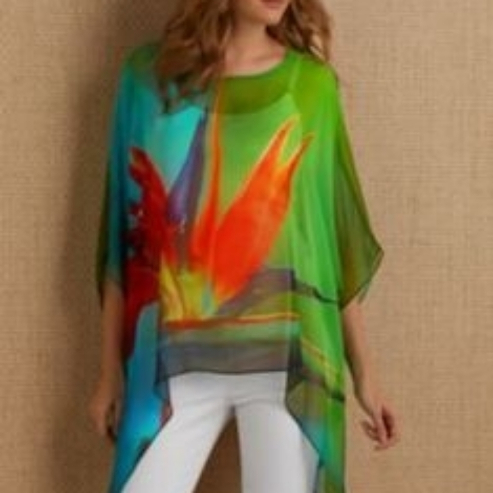 Floral Sheer Women's Top - Green and Orange-Jade (Medium/Small)